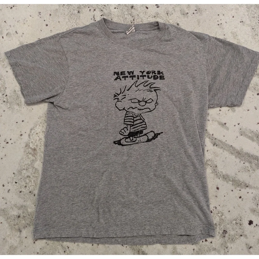 VTG‎ 90s Calvin and Hobbs New York Attitude Gray T-Shirt L Skater Grunge Cartoon